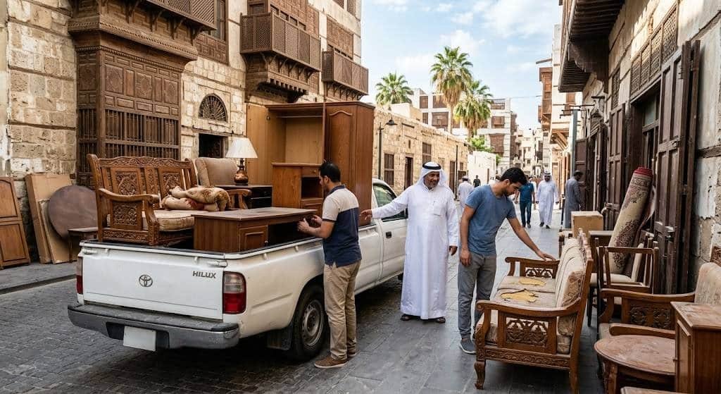 فريق عمل محترف يقوم بفحص وتقييم ونقل الأثاث المستعمل بدقة وعناية ضمن خدمات شراء الاثاث المستعمل حي الفلاح لضمان تقديم أفضل الأسعار وراحة العملاء.