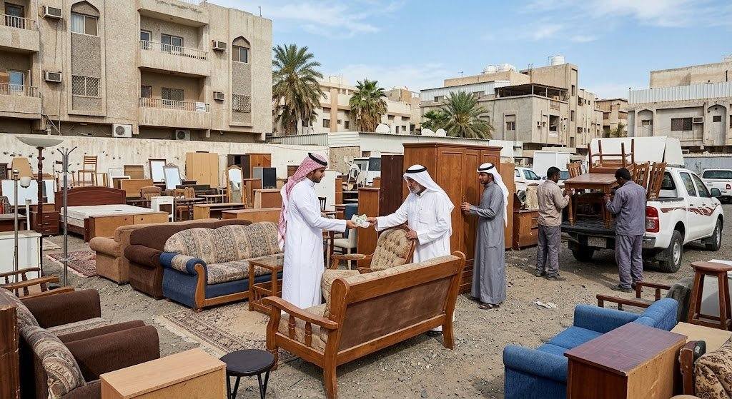 فريق عمل محترف يقوم بفحص وتحميل الأثاث المستعمل بدقة وأمان باستخدام سيارات النقل المجهزة ضمن خدمات شراء الاثاث المستعمل حي النرجس لضمان تقديم أفضل خدمة وراحة العملاء.