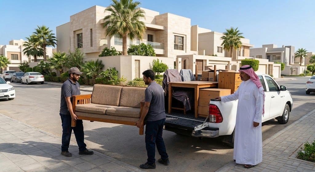 فريق عمل محترف يقوم بأعمال فحص وتسعير ونقل الأثاث المستعمل بدقة وأمان باستخدام أحدث معدات النقل ضمن خدمات شراء الاثاث المستعمل منفوحة بالرياض لضمان تقديم تقييم عادل وخدمة موثوقة للعملاء.